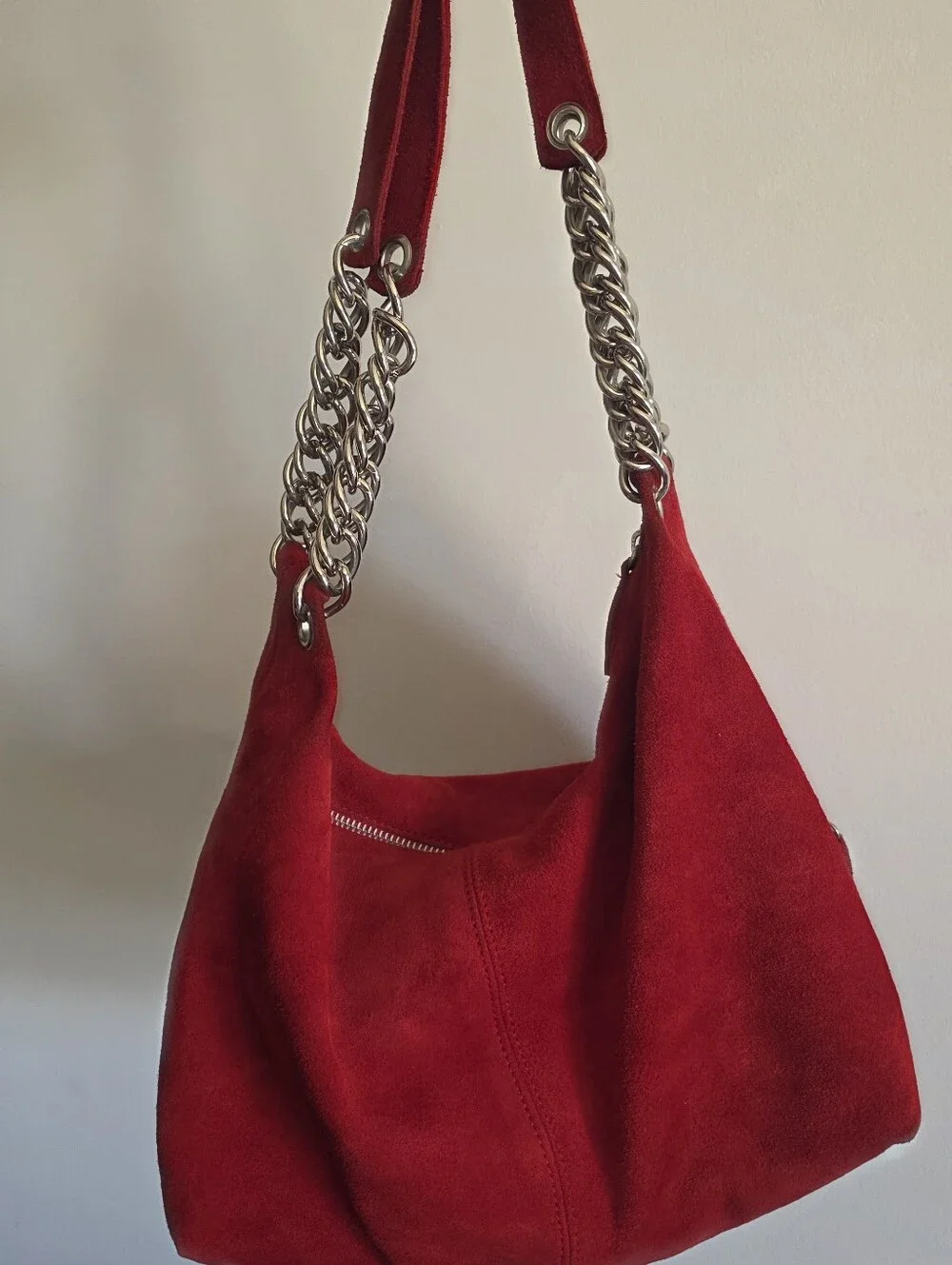 Suede Leather Hobo Bag Chain Strap Red Silver Tone Boho Y2k Western Chic